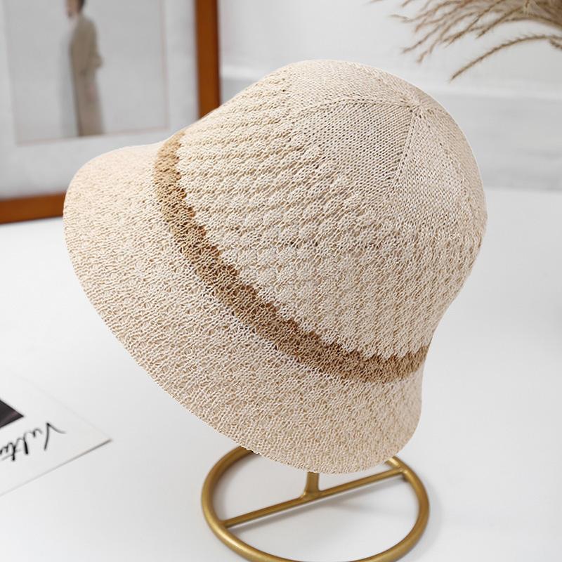 Summer Mesh Breathable Knitted Bucket Cap For Women Solid Color Wide Brim Sun Protection Panama Hat Outdoor Girls Travel Bob Hat