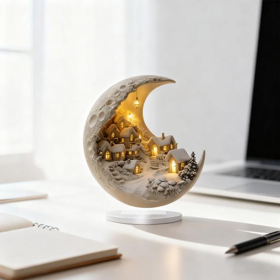 Schneehaus Mond Acryl Ornament 2D Flach Halbmond Tischschild mit Sockel Heim Büro Desktop Dekoration Ornament