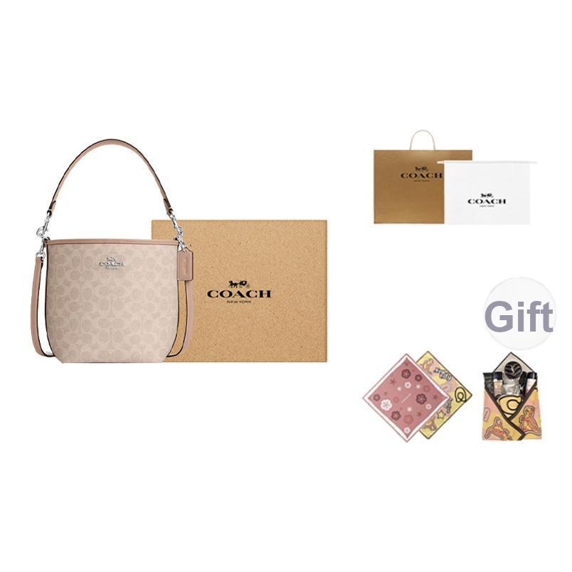 Coach City Bucket 17 Monogram Metal Logo Signature Coated Canvas Tote Shoulder Bag Small Women Bags Beige CT800-SVPWH