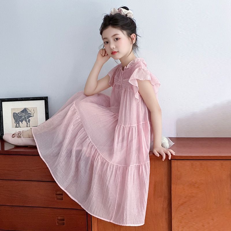 Sweet Flutter Sleeve Long Dress for Girls Cute Comfortable Casual Daily Wear Flower Girl Party Birthday Holiday Vacation Dress