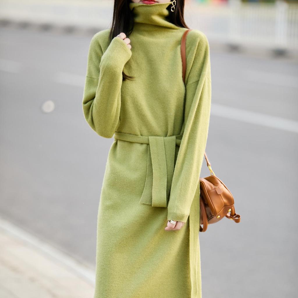 Elegant Stacked Collar Wool Sweater Dress for Women, Knee-Length, Slimming Fit, Solid Color, Perfect Base Layer Sweater.