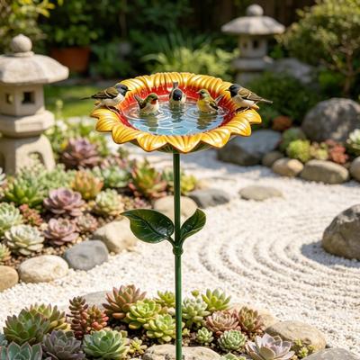 Handmade Metal Flower Garden Stake with Bee Bath And Bird Water Bowl Weather-Resistant Butterfly Pollinator Watering Station for Outdoor Yard Decor