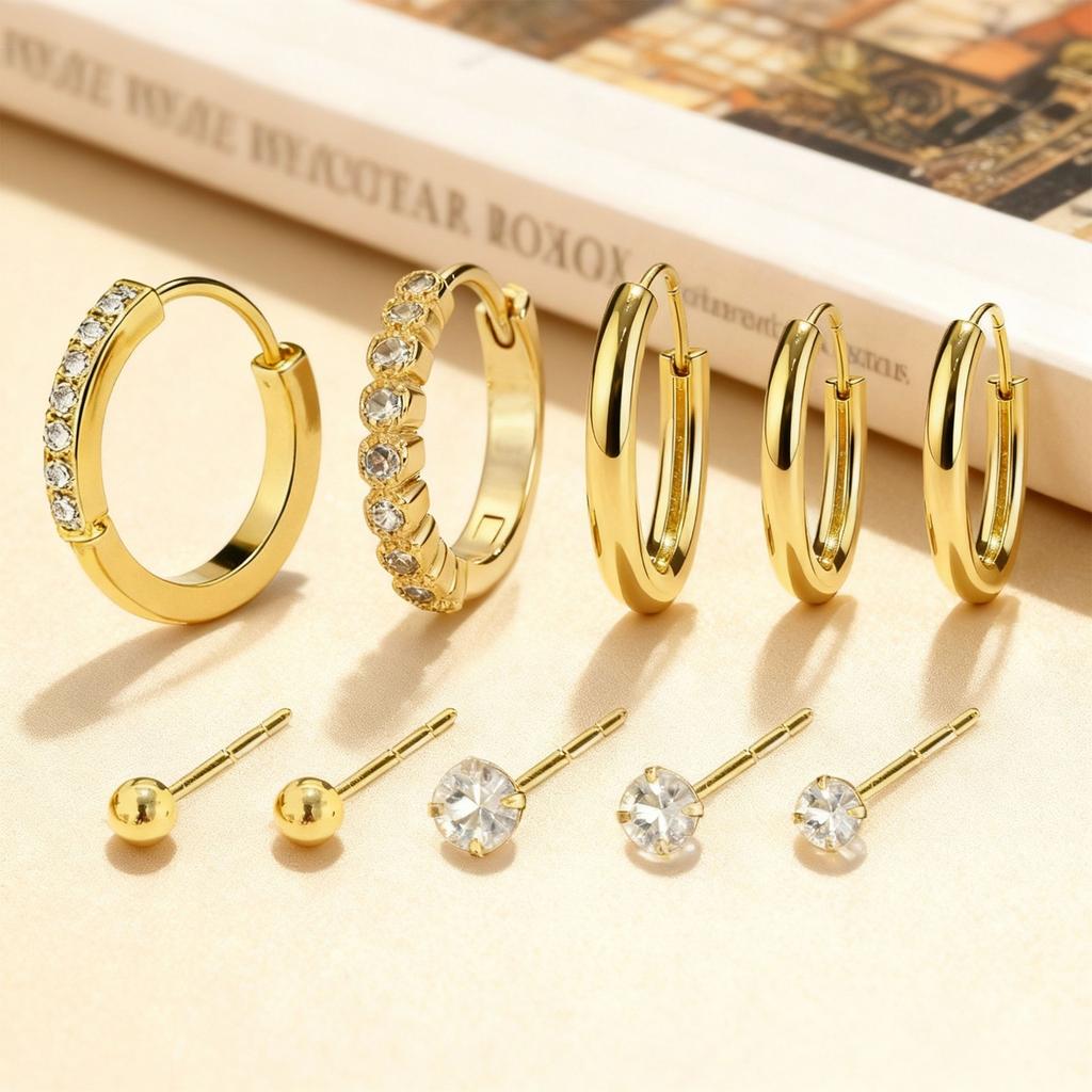 7-10 Piece Set Small Gold Hoop Stud Earrings for Women, 18K Gold Plated Tiny Stainless Steel Earrings Sets for Multiple Piercing
