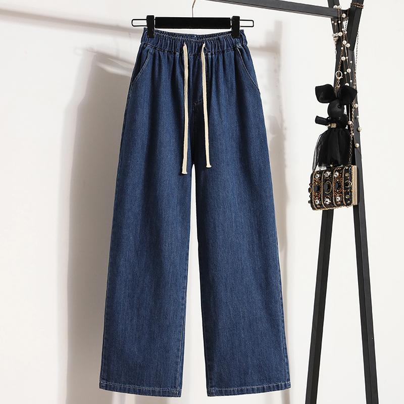 Women s Spring  Mid-waist Casual Jeans Students Elastic Waist Solid Color Straight Pants 4XL темно-синий