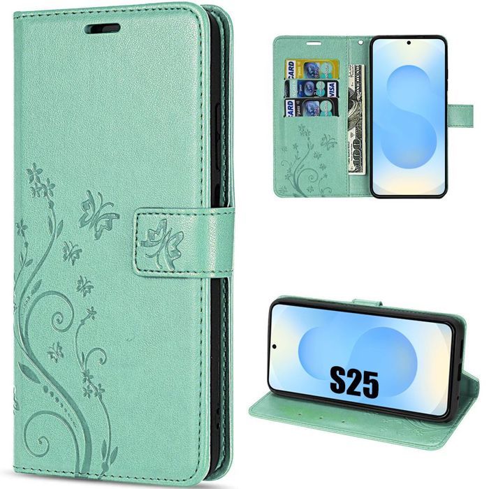 Case for Samsung Galaxy S25 - BOOLING - Shockproof Synthetic Leather Green Pattern Butterfly Flowers verde