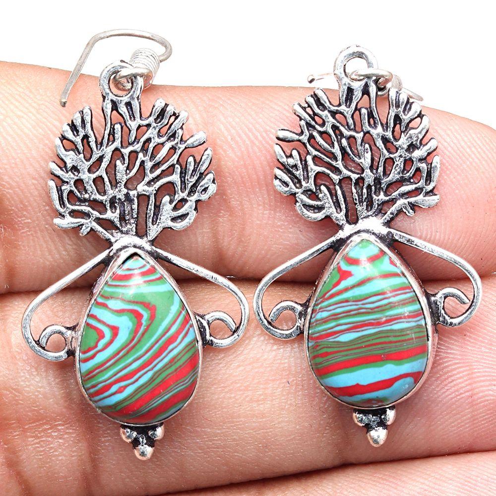 Rainbow Calsilica Gemstone Gift For Her Silver Jewelry Earrings 1.5''