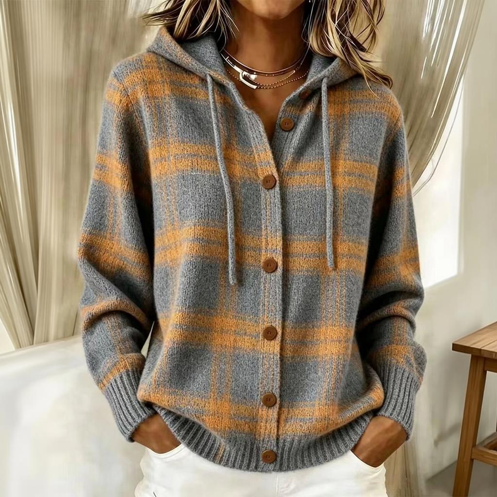 Women's Casual Loose Fit Plaid Hooded Long Sleeve Cardigan Sweater for Fall and Winter