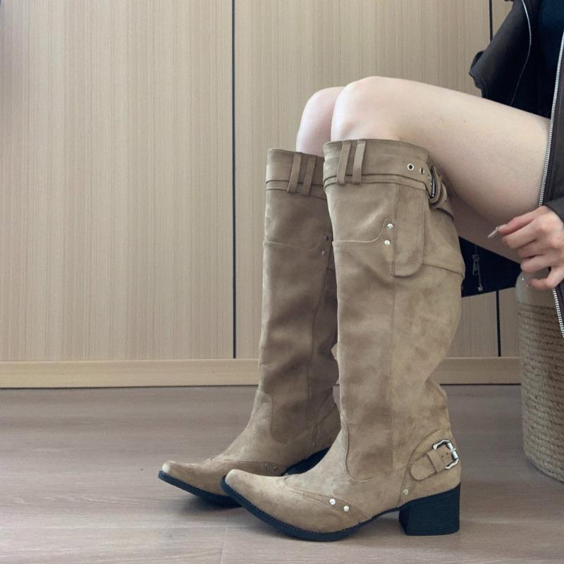 Women Boots Temperament Pointed Tall Boots Retro Belt Buckle Knight Boot Classic Western Cowboy Boot Women Knee High Boots Botas