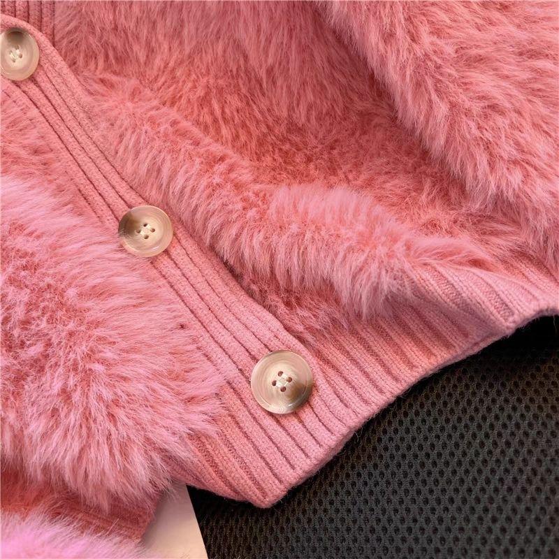 Autumn Winter Women V-neck Single Breasted Imitation Mink Fur Mohair Soft Knitted Sweater Cardigan Coat Jacket