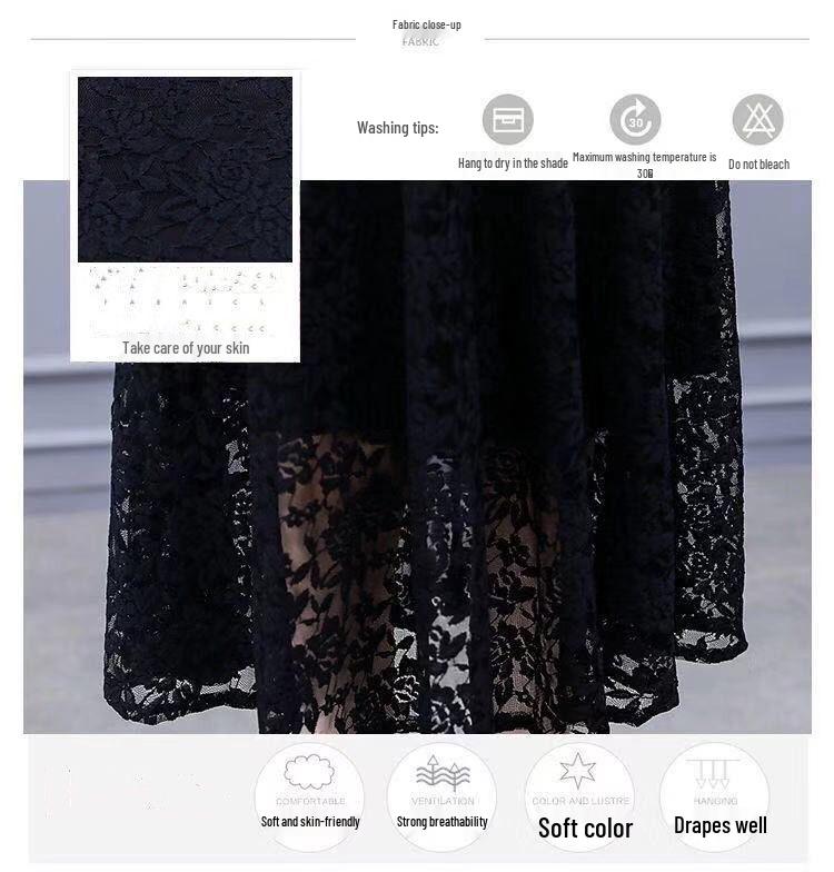 Women's Plus Size Black Lace A-line Long Skirt Dress - Spring/Summer 2026, New Style, Long Sleeve, Elegant Fit