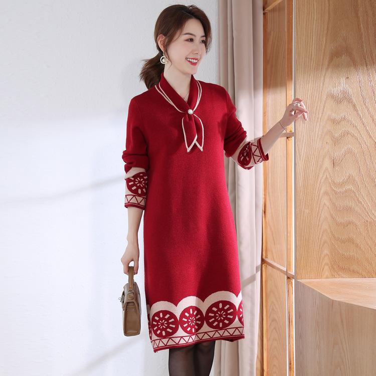 

New Style Mother Sweater Mid-length Fashion New Dress Middle-aged and Elderly Women Autumn and Winter Fashion Base Shirt XL красный