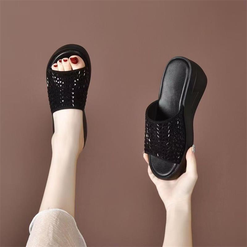 Rhinestone Soft Leather Cool Slippers Women's Summer Wear 2025 Fashion Casual Thick-soled Wedge Heel Silver One-word Women's Shoes