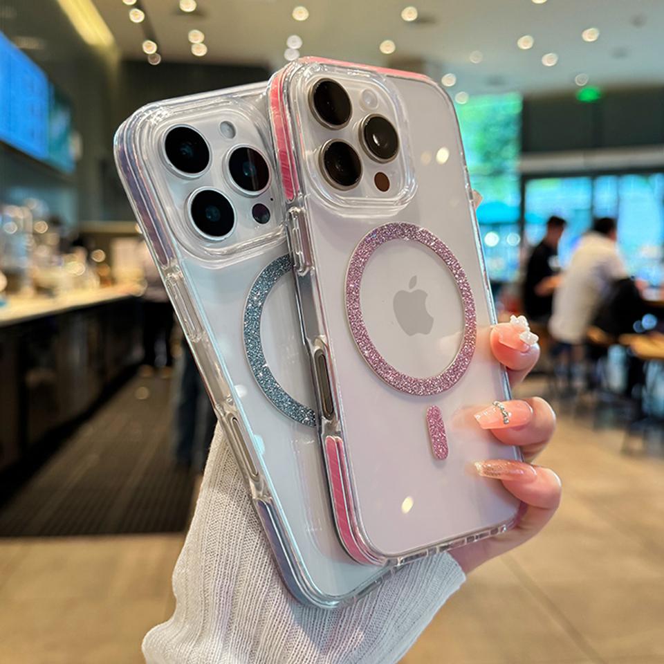 Glitter Color Blocking Magnetic Phone Case For iPhone 16E 15 14 13 12 11 16 Pro Max 15 16 Plus Luxury Protector Shockproof Cover