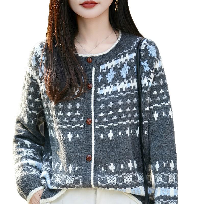 Retro Jacquard Round Neck Sweater - Women's Autumn/Winter Thick Loose Knit Cardigan, Korean Style Chic Top