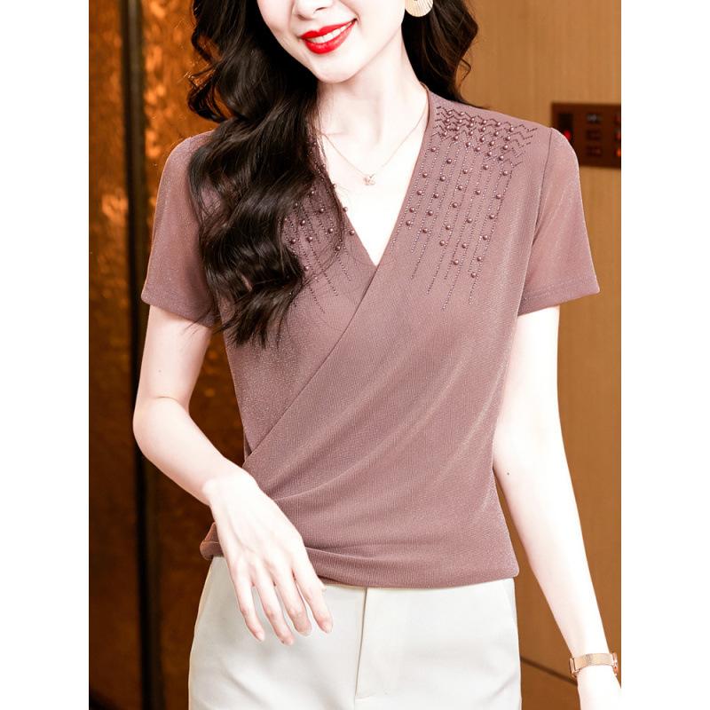 Women's Wrap V Neck Short Sleeve Mesh T-Shirt Slim Fit Rhinestone Beaded Summer Blouse