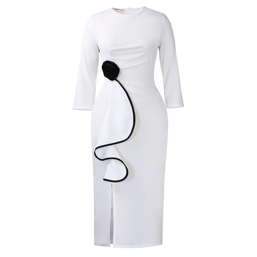 Women's large-size elegant round neck three-dimensional flower fashion ruffle leaf hip-wrapped temperament dress