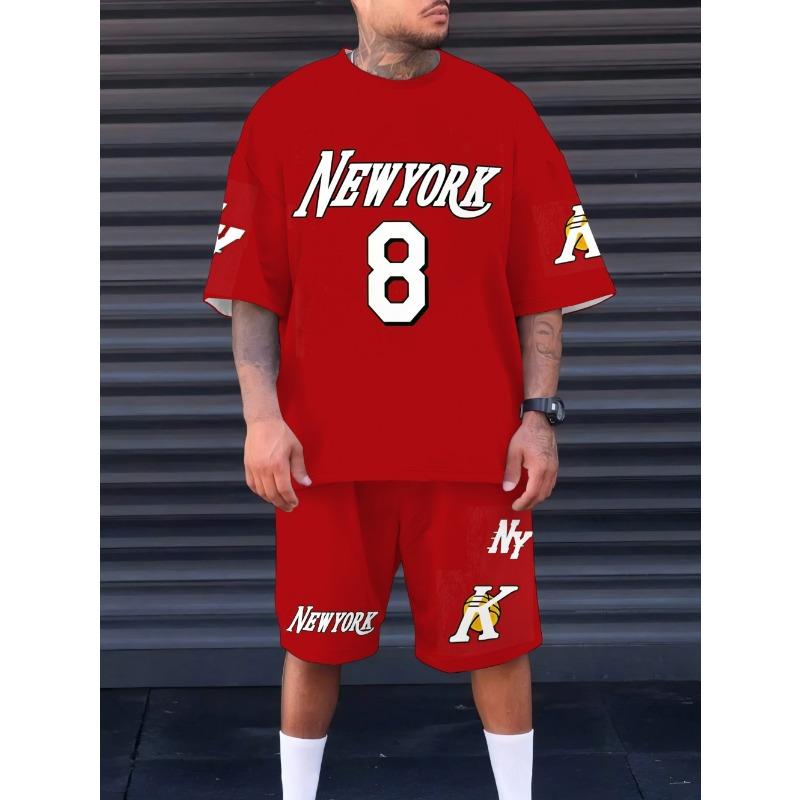 

Мужской летний спортивный набор из 8 предметов: печатная дышащая футболка с круглым вырезом и шорты, уличная повседневная одежда 6XL