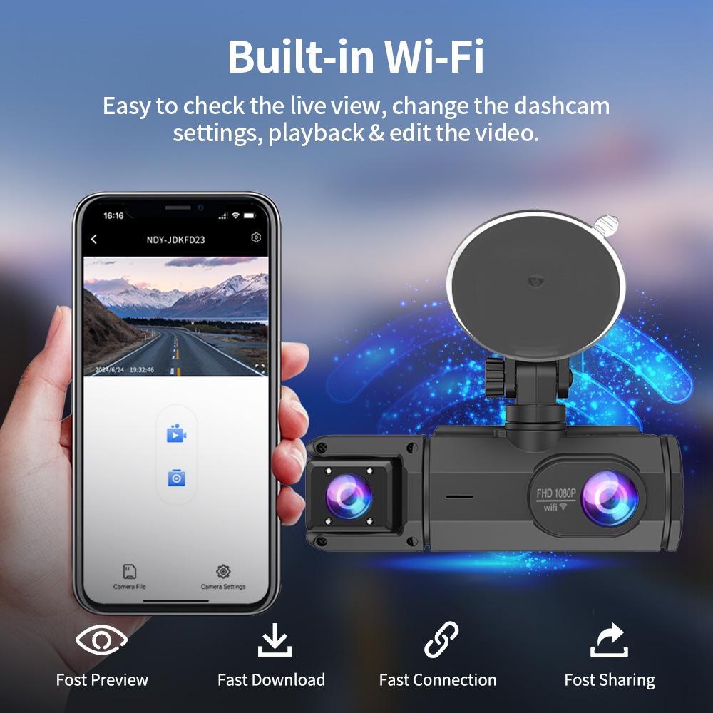 Dash Cam 3 Channel Car Black Box WiFi DVR HD 1080P Video Front Built-in and Rear Camera W/IR Night Vision Car Accessories