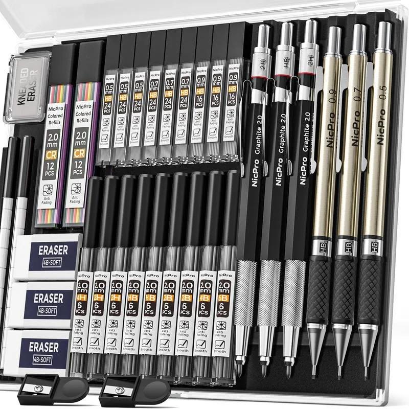 Sada 6 ks uměleckých mechanických tužek 3 ks kovová rýsovací tužka 0,5 mm 0,7 mm 0,9 mm 3 ks držák grafitových tuh 2 mm 2