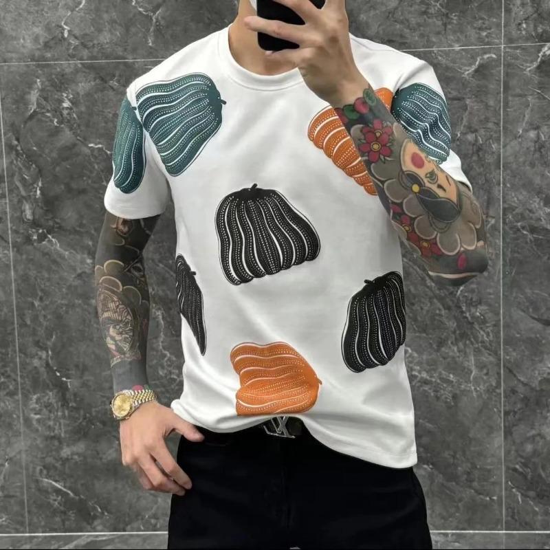 Men s 3D Patchwork Short Sleeve T Shirt Contrast Color Wavy Applique Casual Tee S белый