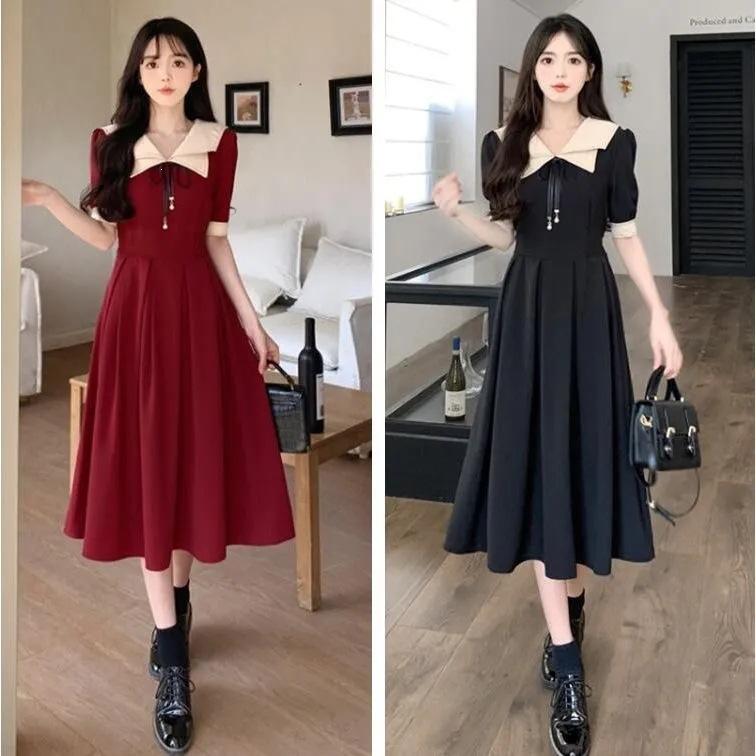 2026 summer double-layer naval collar academy style short-sleeved long dress children large size fat student age-reducing dress