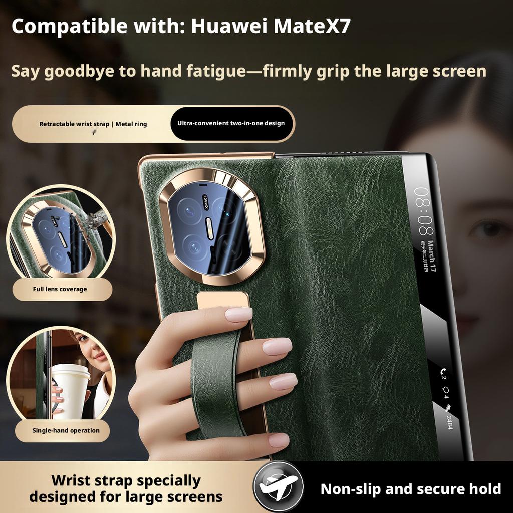 Wristband Ring Case For Huawei Mate X7 X6 X5 Premium Luxury Genuine Leather Magnetic Flip Smart Window Full Protection Cover