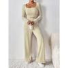 Women's Fashion Knitted Ribbed Wide-Leg Pants and Round Neck Long-Sleeve Top Suit