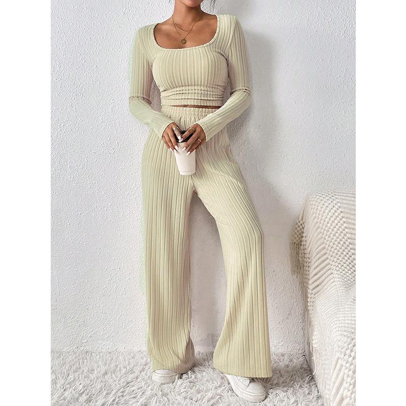 Women's Fashion Knitted Ribbed Wide-Leg Pants and Round Neck Long-Sleeve Top Suit