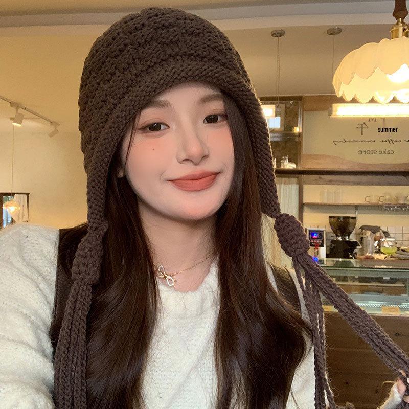 

Hand-Knitted Red Wool Tassel Beanie with Ear Protection for Women - Autumn/Winter One Size