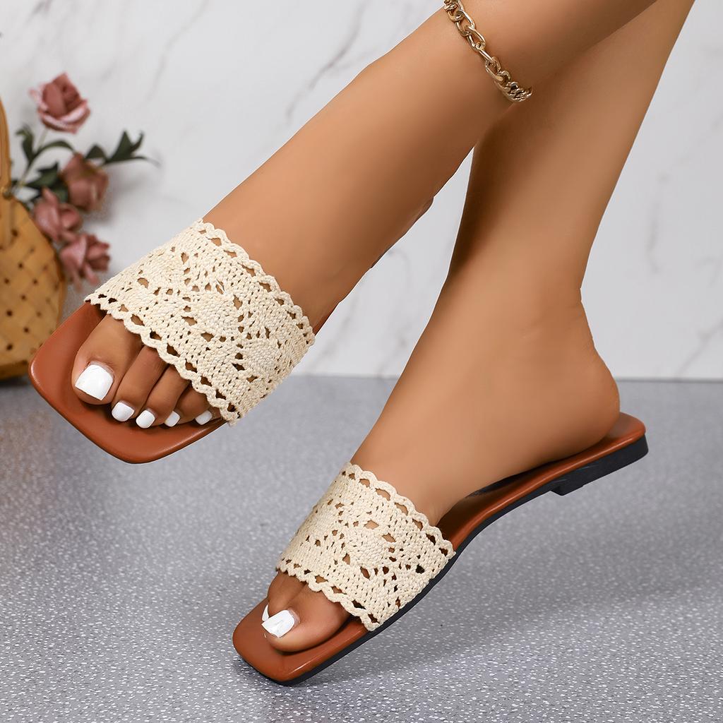 Fashion Women Slippers Hollow Fabric Sandals 2025 New Outdoor Fashion Slippers Sexy Elegant Casual Flat Shoes Party Comfy Slides Women