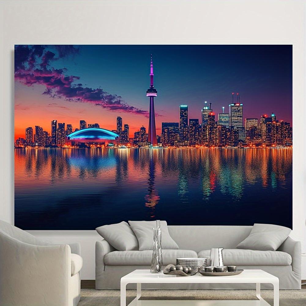 Toronto Skyline Tapestry Wall Hanging, Cn Tower And Rogers Centre At Sunset, City Night View Decor For Living Room Bedroom