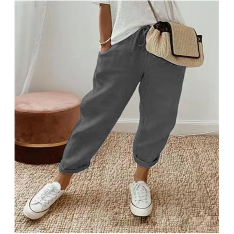 Ladies Summer Solid Color Elastic Waist Casual Nine-minute Pants