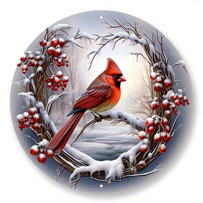 Un panneau en métal aluminium de 8x8 pouces, panneau couronne d'oiseaux rouge et gris, accessoire à suspendre à la porte, panneau couronne de Noël, décoration hivernale