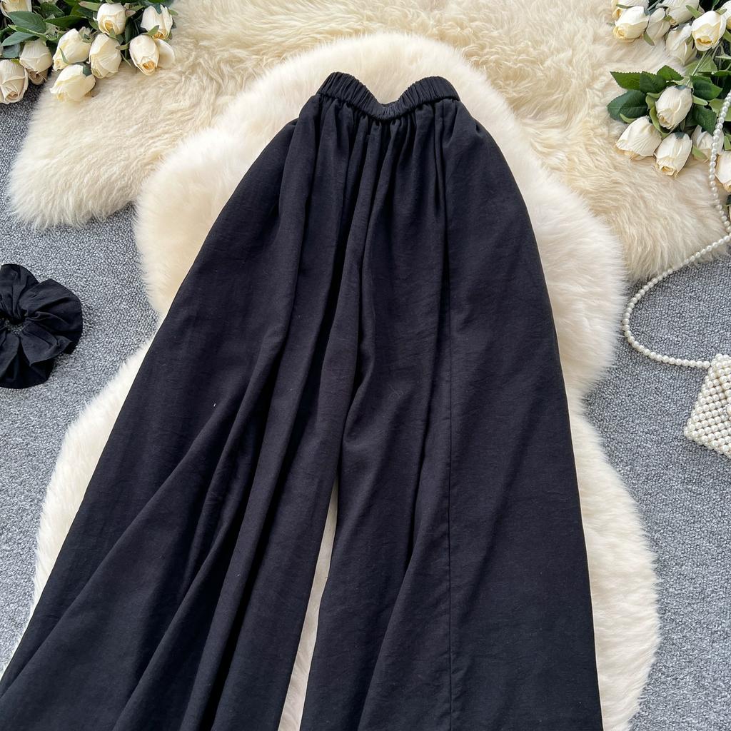 Summer Women Chic Boho Elastic Waist Wide Leg Ankle Length Pant Trouser With Pocket