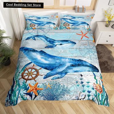 Wale Königin Bettbezug Ozean Tier Bettwäsche Set Seetang Seestern Meeresleben Steppdeckenbezug Blau Polyester Bettbezug