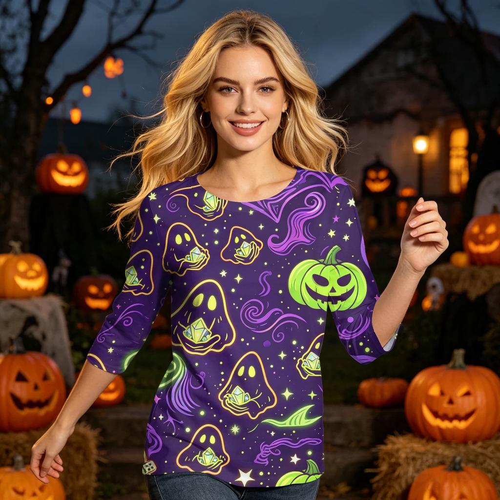 Women's Casual 3/4 Sleeve Halloween Print Pullover Shirt Round Neck Top Lightweight Soft Fabric Comfortable Fit