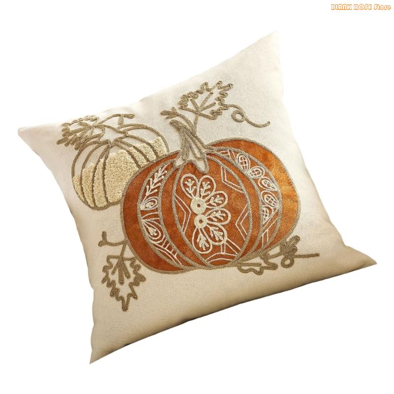 K1AE Fall Harvest Embroidered Cushion Cover Pillowcase With And Pumpkin Decorative