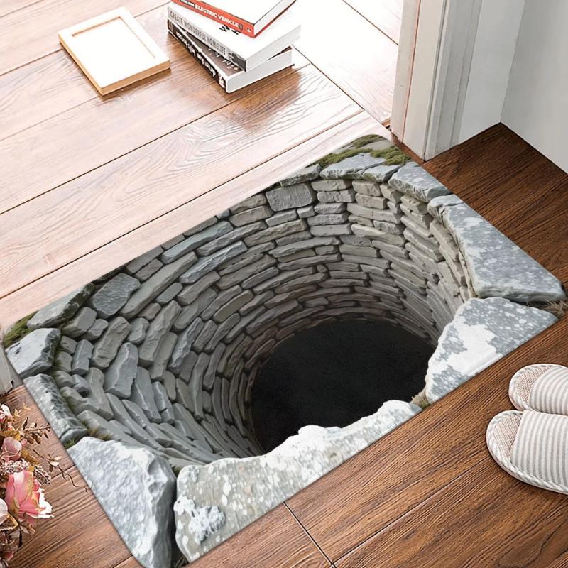 Realistic 3D Trap Hole Stone Brick Pattern Door Mat, Non-Slip Indoor Outdoor Welcome Rug for Kitchen Front Entrance Floor