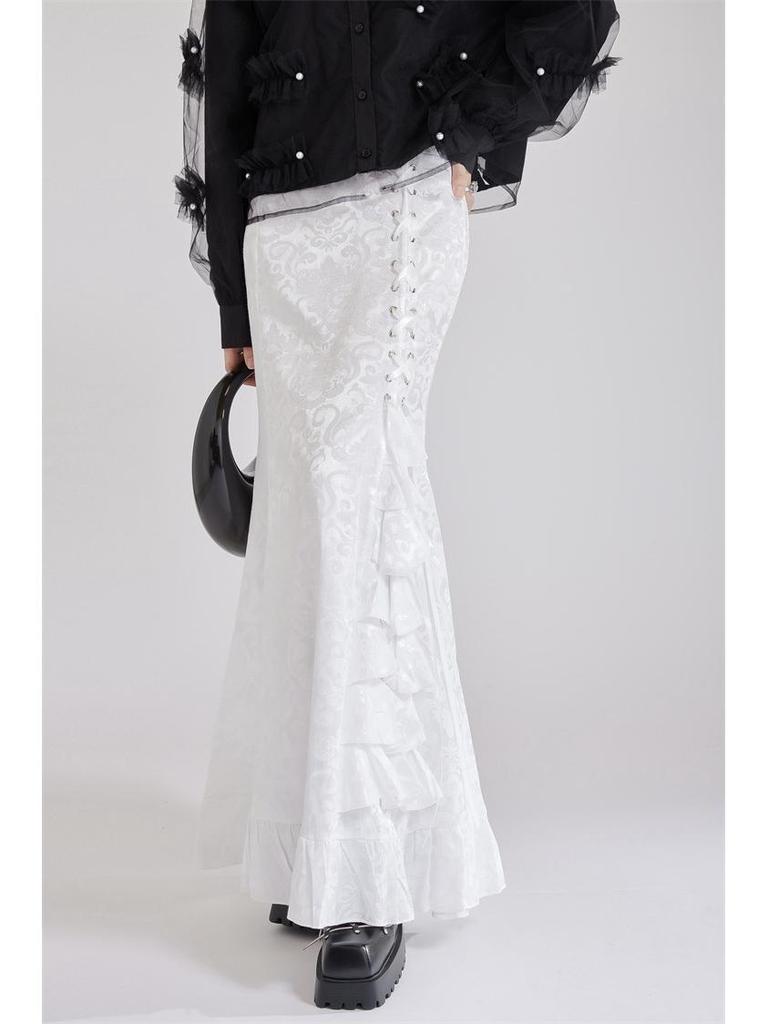 2025 Gothic Victorian Jacquard Fishtail Skirt with Lace-Up Detail