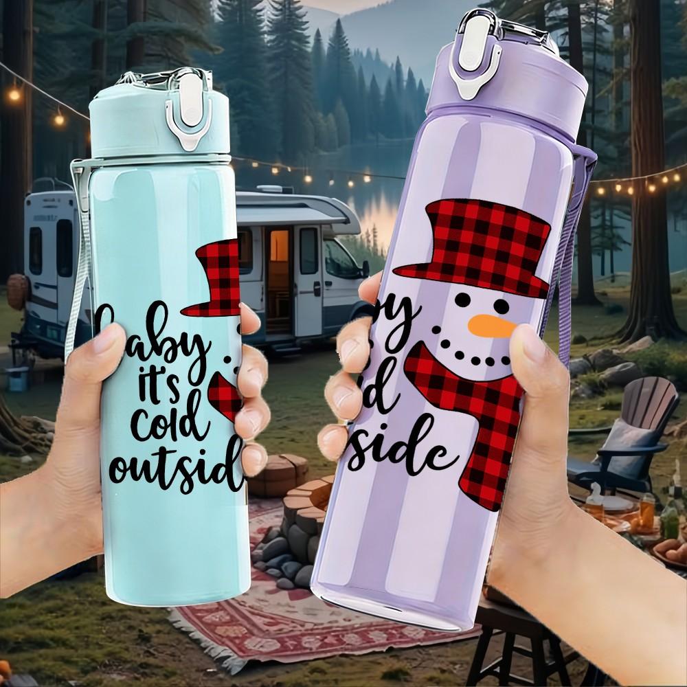 1PC Snowman Winter Outdoor Pattern 750ml Color Plastic Sports Water Bottle Leakproof Flip Straw Lid Suitable for Sports Office Home Use