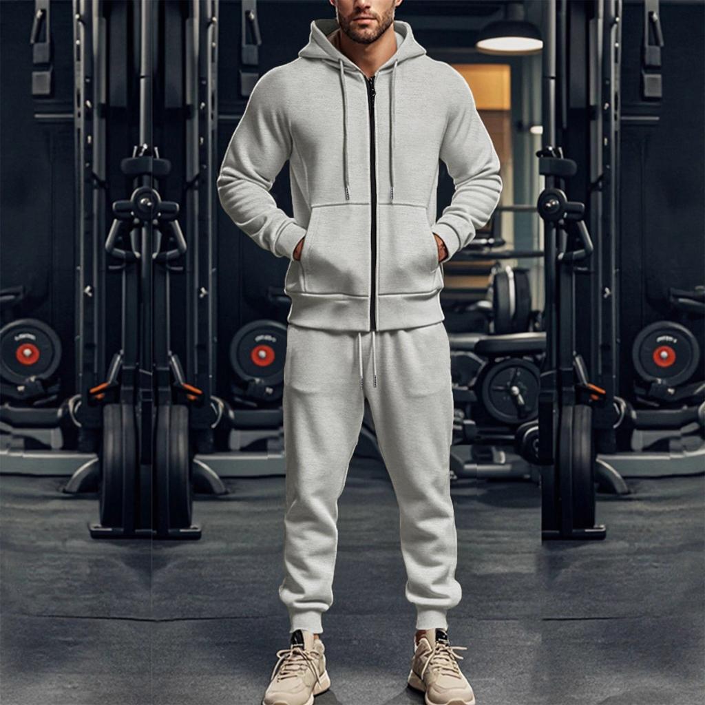 Men's Solid Color Long Sleeved Hooded Sports Casual Suit Fleece Warm Two Piece Suit