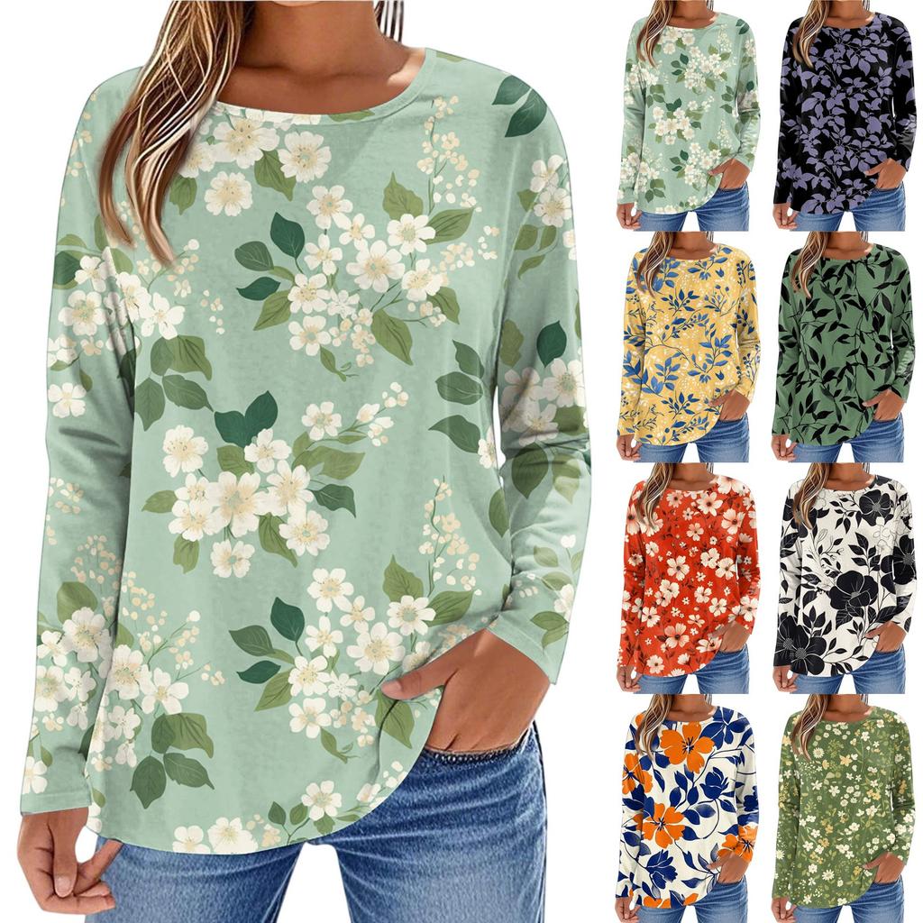 Women's Fashionable Casual Printed Long Sleeved Round Neck Top Round Neck Top Top