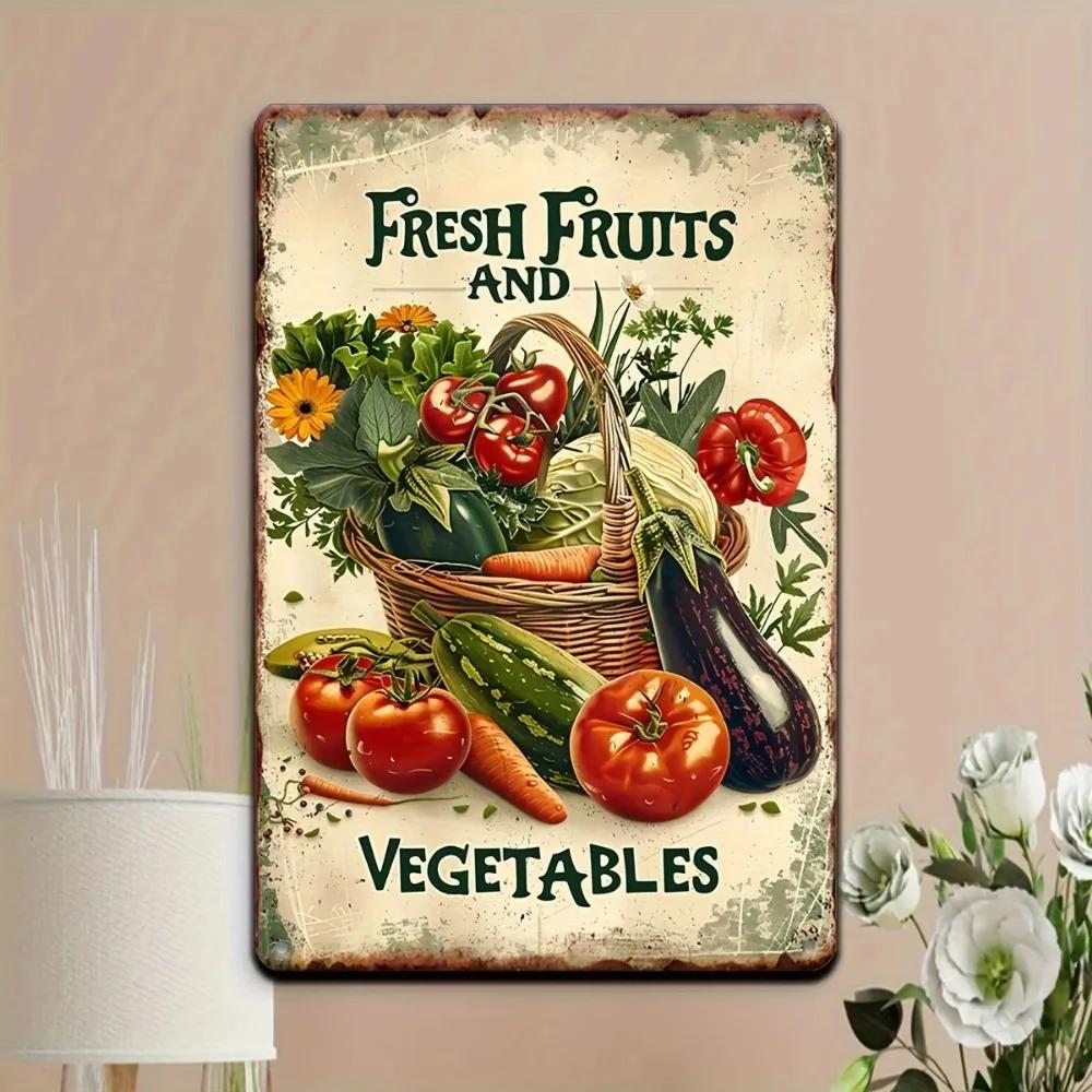 Vintage Metal Decorative Sign Fresh Fruits and Vegetables Retro Tin Wall Art for SupermarketKitchenGardenRestaurant