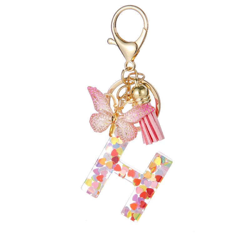 Pink Glitter Resin 26-Letter Keychain Butterfly Tassel Accessory Retro Durable Bag Charm Practical Gift For Girlfriend Best Friend