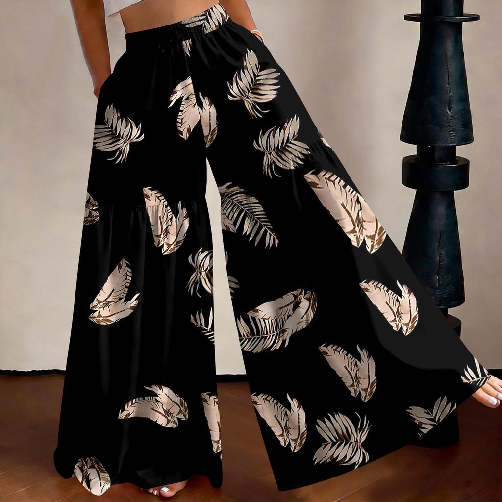 Women High Waist Loose Fit Lightweight Wide Leg Pants Vintage Floral Print Flowing Long Trousers Casual Relaxed Style