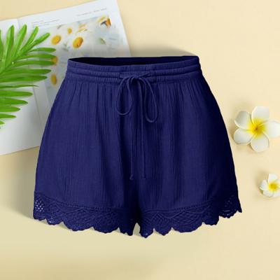 Damen Sommer Shorts Elastischer Kordelzugbund Einfarbig Spitze Besatz Shorts