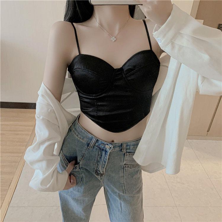 

Summer Solid Color Spicy Girl Pure Desire Fishbone Waist Slimming Versatile with Chest Cushion and Irregular Strapless Suspender Top M