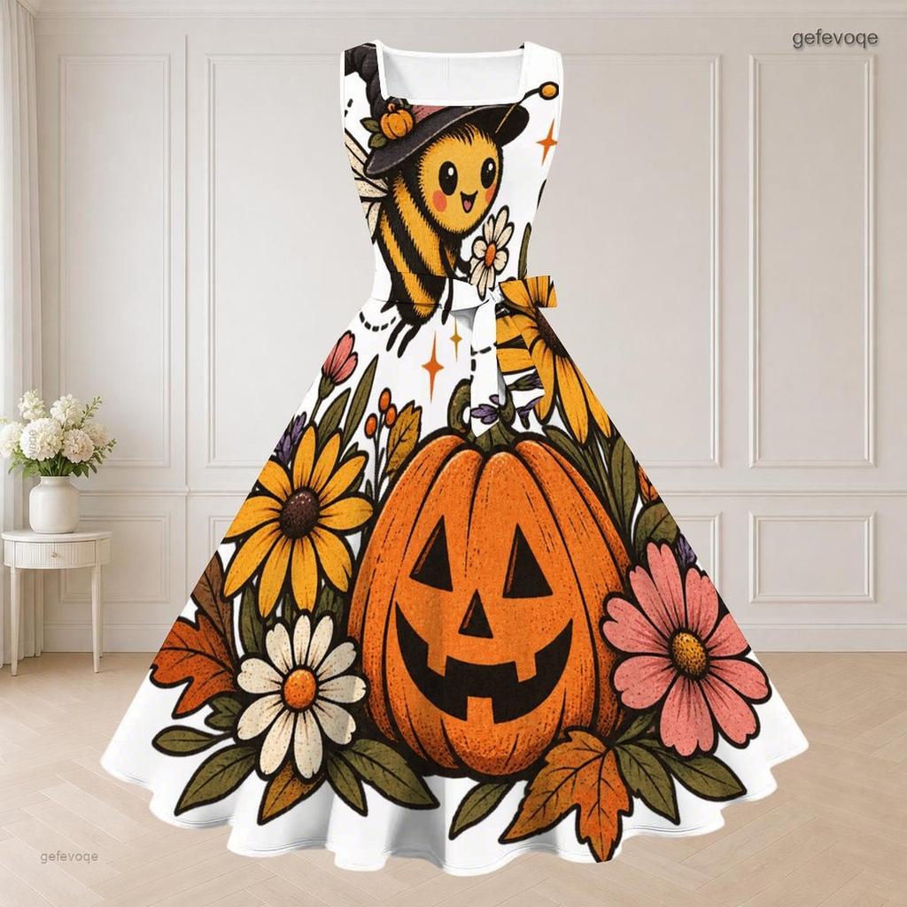 Women Plus Size Halloween Printed Two Piece Set Short Sleeve Cropped Shrug Sleeveless Square Neck Tie Waist Flared Dress