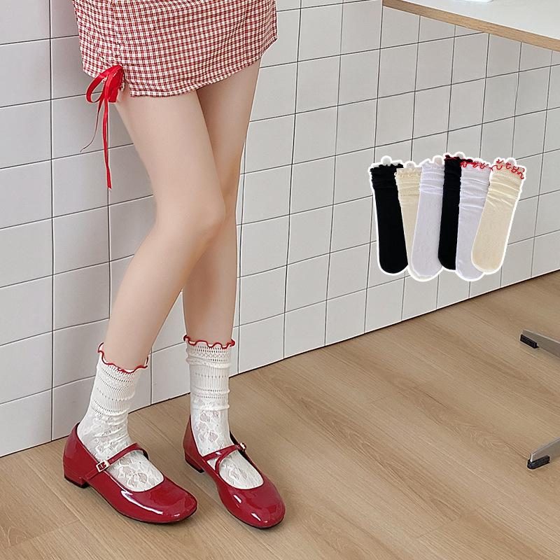 

Black Fungus Lace Pile Socks for Women, Summer Hollowed-out Mid-calf Socks, Sweet Lace Lolita Red Lace Thigh-high Socks 1 pair чорний/червоний