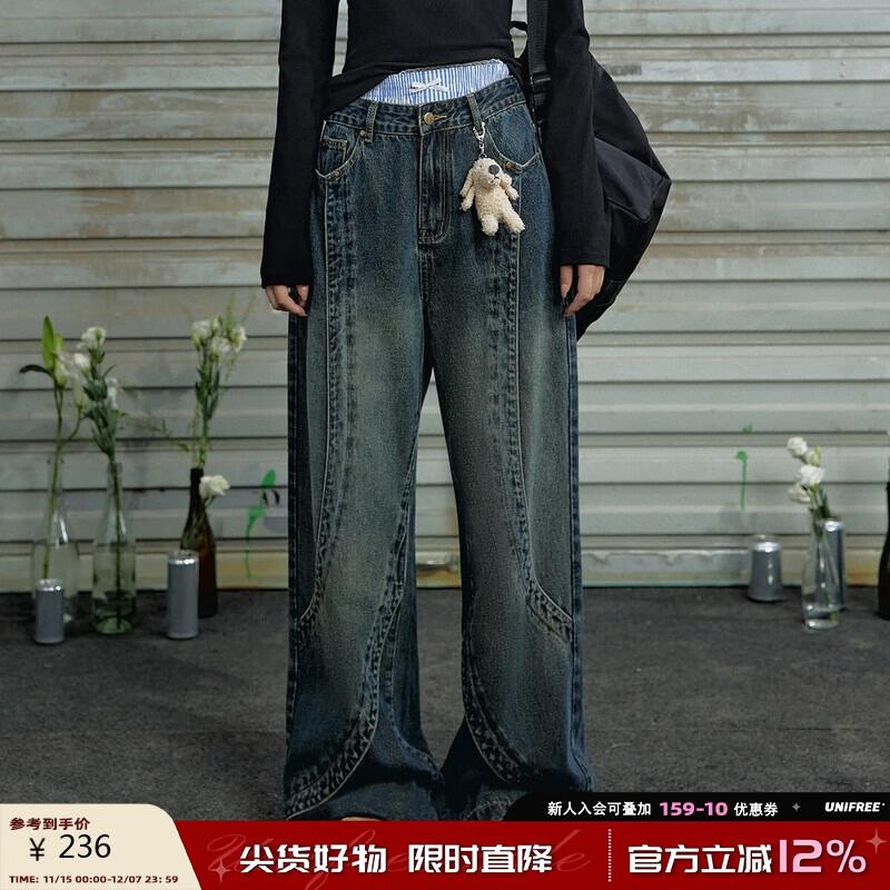 

UNIFREE Vintage Distressed Wide-Leg Panel Jeans L